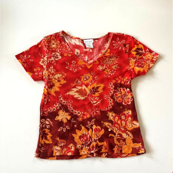 Pierre Cardin Women's Medium Top Y2k Sequin Floral Leaves Art To Wear Ribbed - Picture 1 of 6